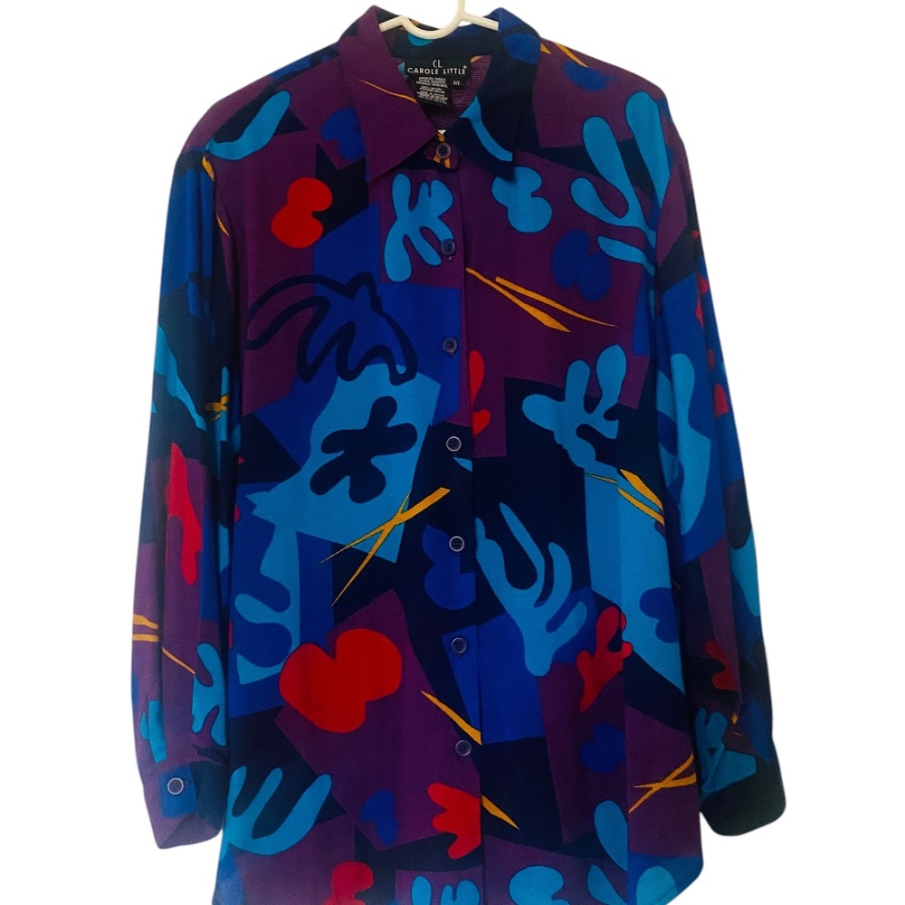 Vintage Carole Little Art to Wear Multicolor Size 14 Button Down Long SL Shirt